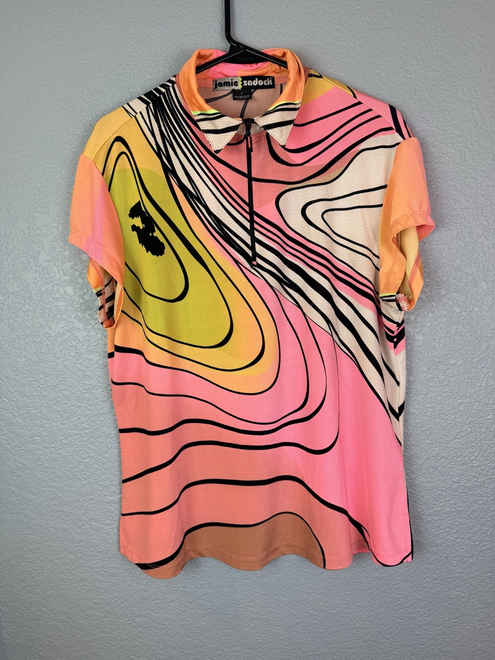 Jamie Sadock Shirt Womens Large Multicolor Swirl Cap Sleeve 1/4 Zip Golf